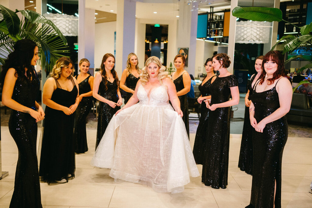 Bride and bridesmaids in Disney hotel lobby